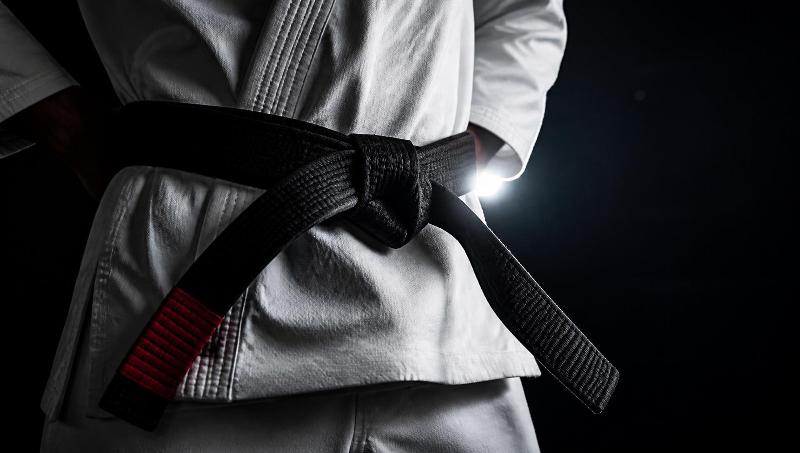 Faixa-preta com graduação vermelha amarrada no kimono